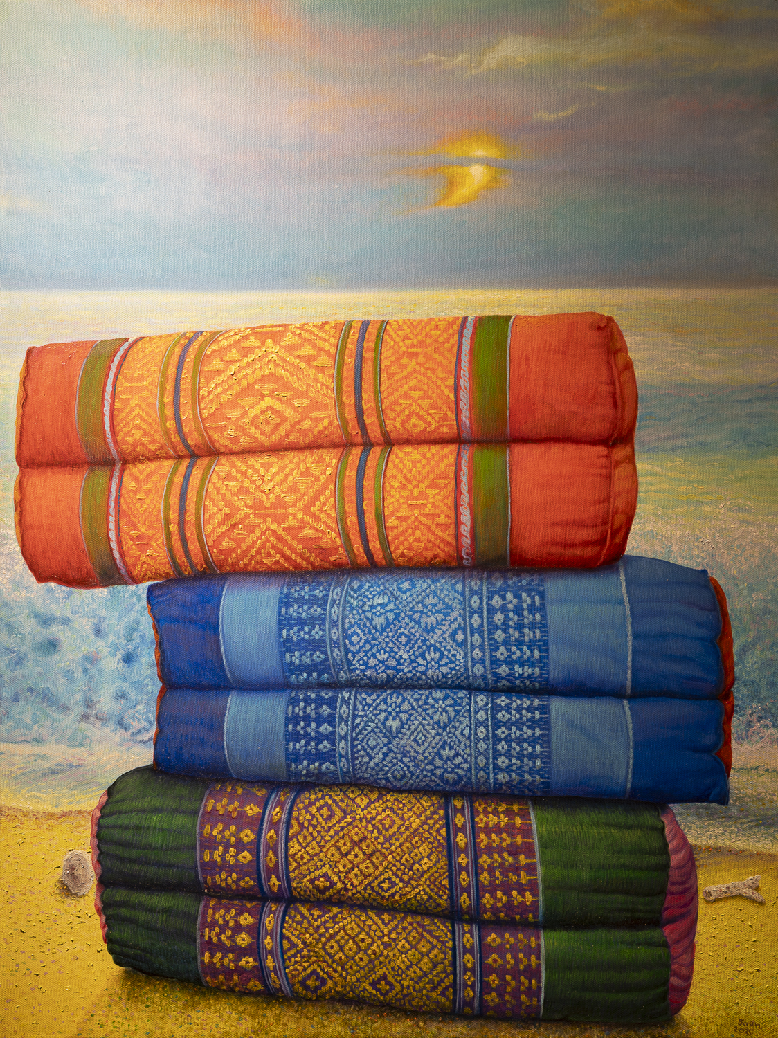 ชื่อผลงาน หมอนขิดสามใบหน้าหาด ศิลปิน สุนทร พาพาน ขนาด 80x60 ซม. เทคนิค สีอะครีลิค ราคา 45,000 บาท