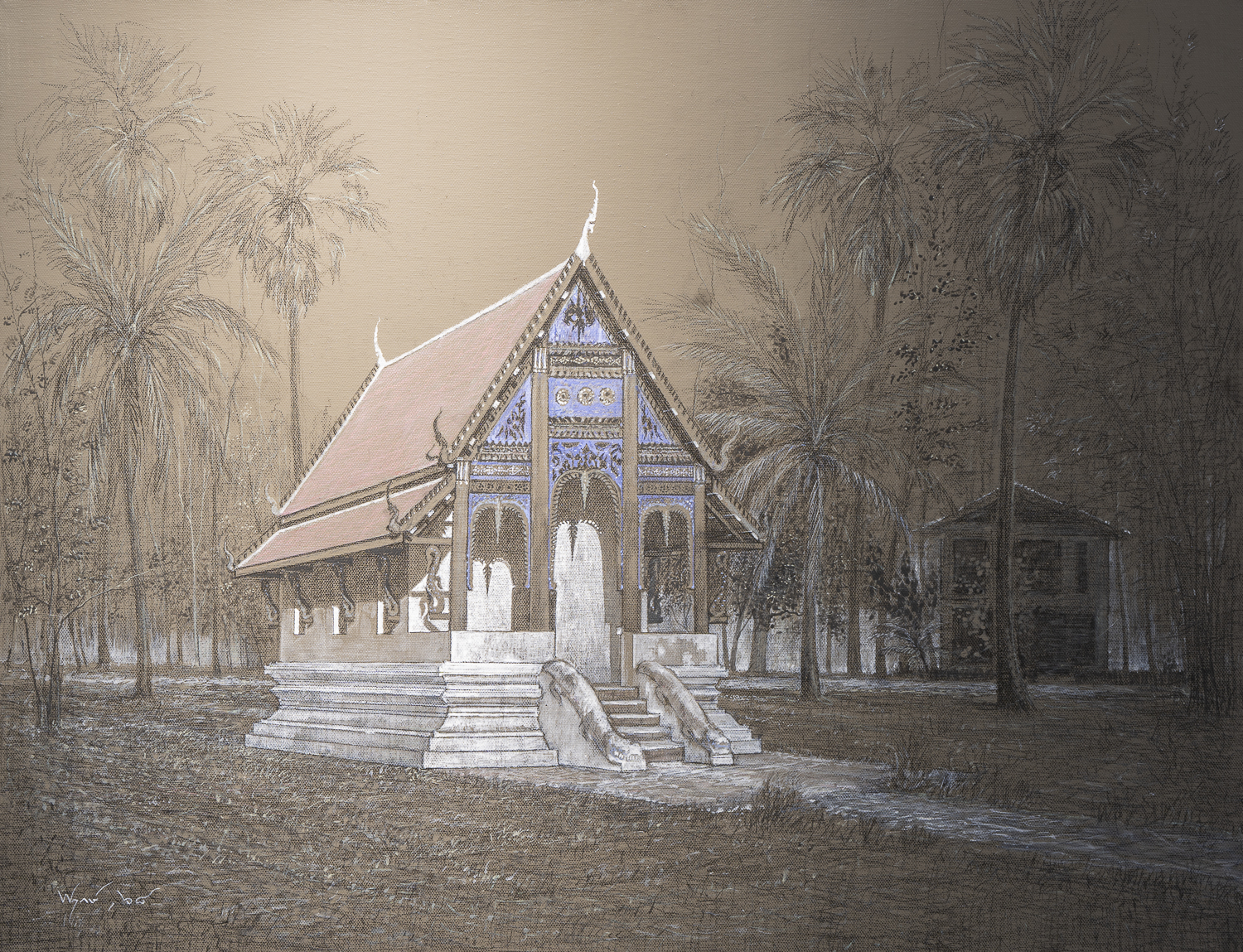 ชื่อผลงาน สิมวัดแจ้ง อุบลราชธานี ศิลปิน พฤกษ์ โตหมื่นไวย ขนาด 50x60 ซม. , สีอะคริลิค ราคา 25,000 บาท