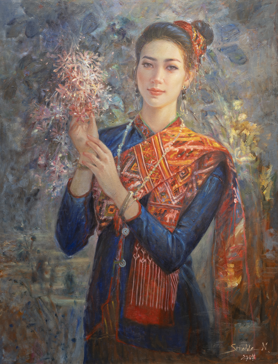 ชื่อผลงาน สาวภูไทกาฬสินธุ์ ศิลปิน สิริรัตน์ฎา น้อยวิชัย ขนาด 90×70 ซม. เทคนิค สีน้ำมัน ราคา 75,000 บาท
