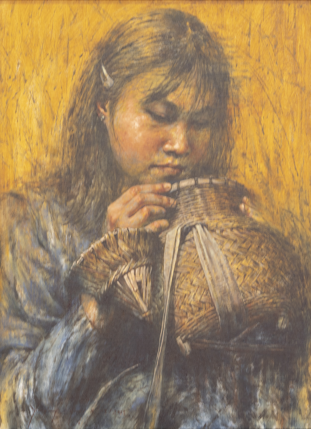 ชื่อผลงาน สาวน้อยบ้านนา ศิลปิน แมน (วีระวุฒิ ภูมิดง) ขนาด 30x40.5 ซม. เทคนิค สีน้ำมัน ราคา 15,000 บาท