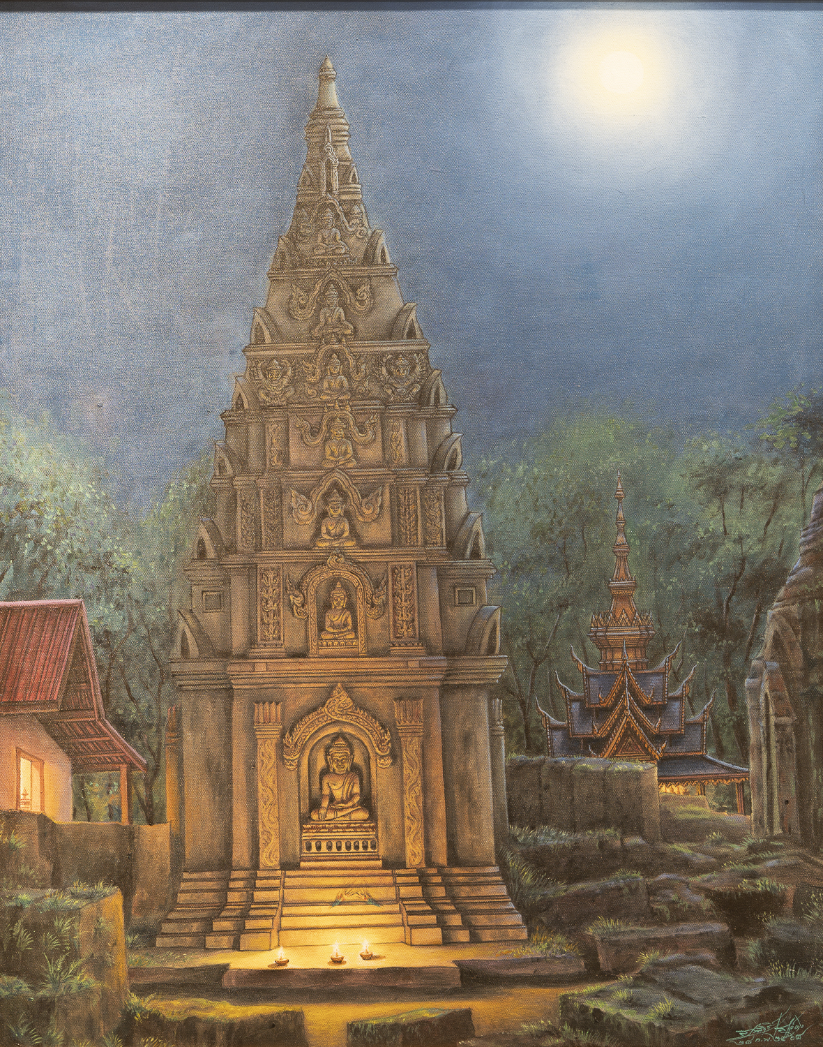 ชื่อผลงาน ความสงบกู่พระโกนา ศิลปิน สุรสิทธิ์ เสาว์คง (ศิลปินมรดกอีสาน) ขนาด 100 x 80 ซม , สีน้ำมัน ราคา 300,000 บาท